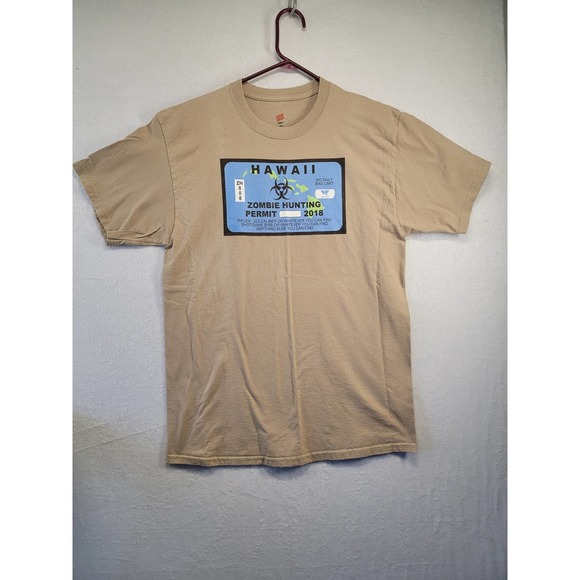 NWOT Hanes men's brown Hawaii Zombie Permit logo shirt, sz L - Picture 1 of 4